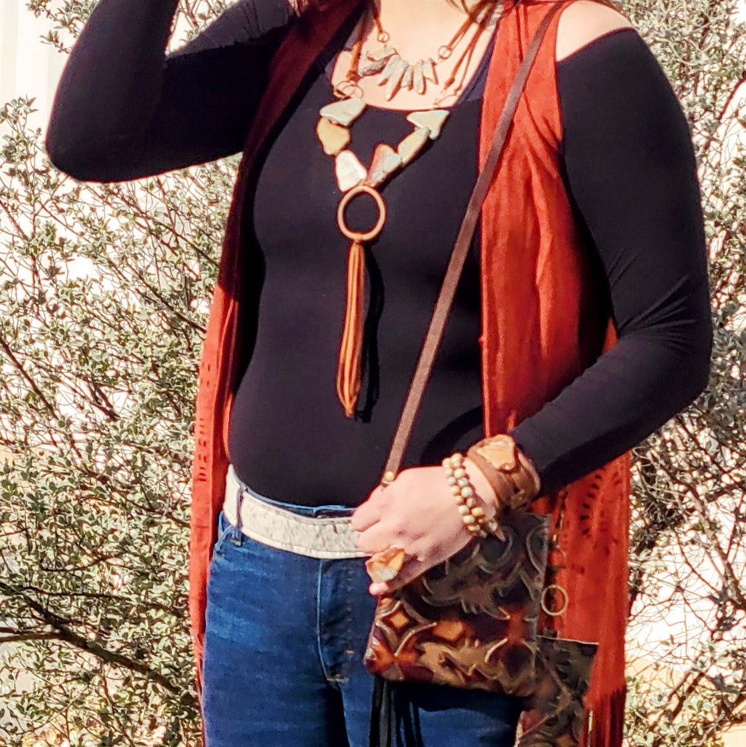 Aqua Terra Slab Necklace with Copper Hoop and Fringe Tassel 240r-2