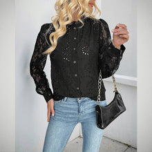 Load image into Gallery viewer, Black Lace Eyelet Button-Down Blouse – Long Sleeve Elegance