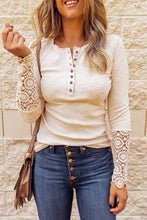 Load image into Gallery viewer, Beige Crochet Lace Hem Sleeve Button Top