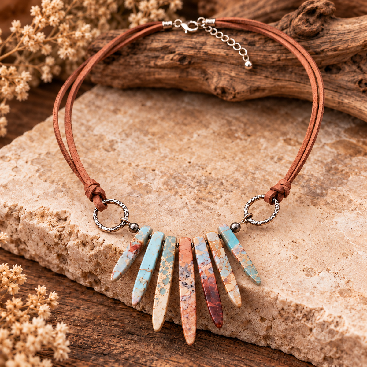 Desert Bloom Aqua Terra Jasper & Leather Collar Necklace – Madame