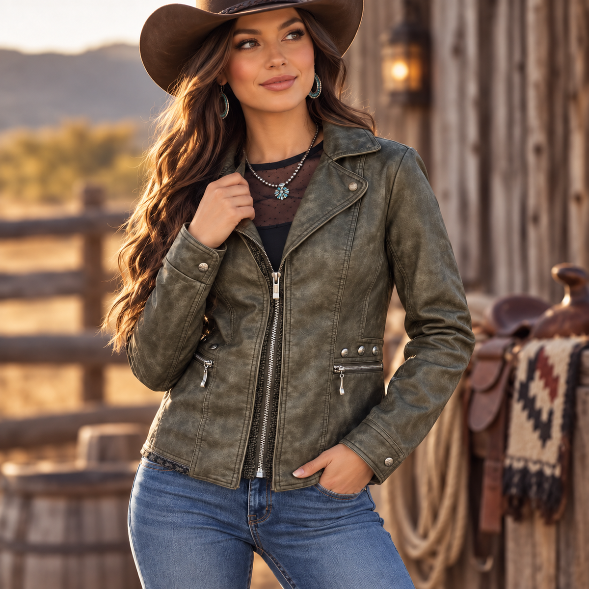 Olive Ridge Distressed Faux Leather Moto Jacket – Madame Peacock's