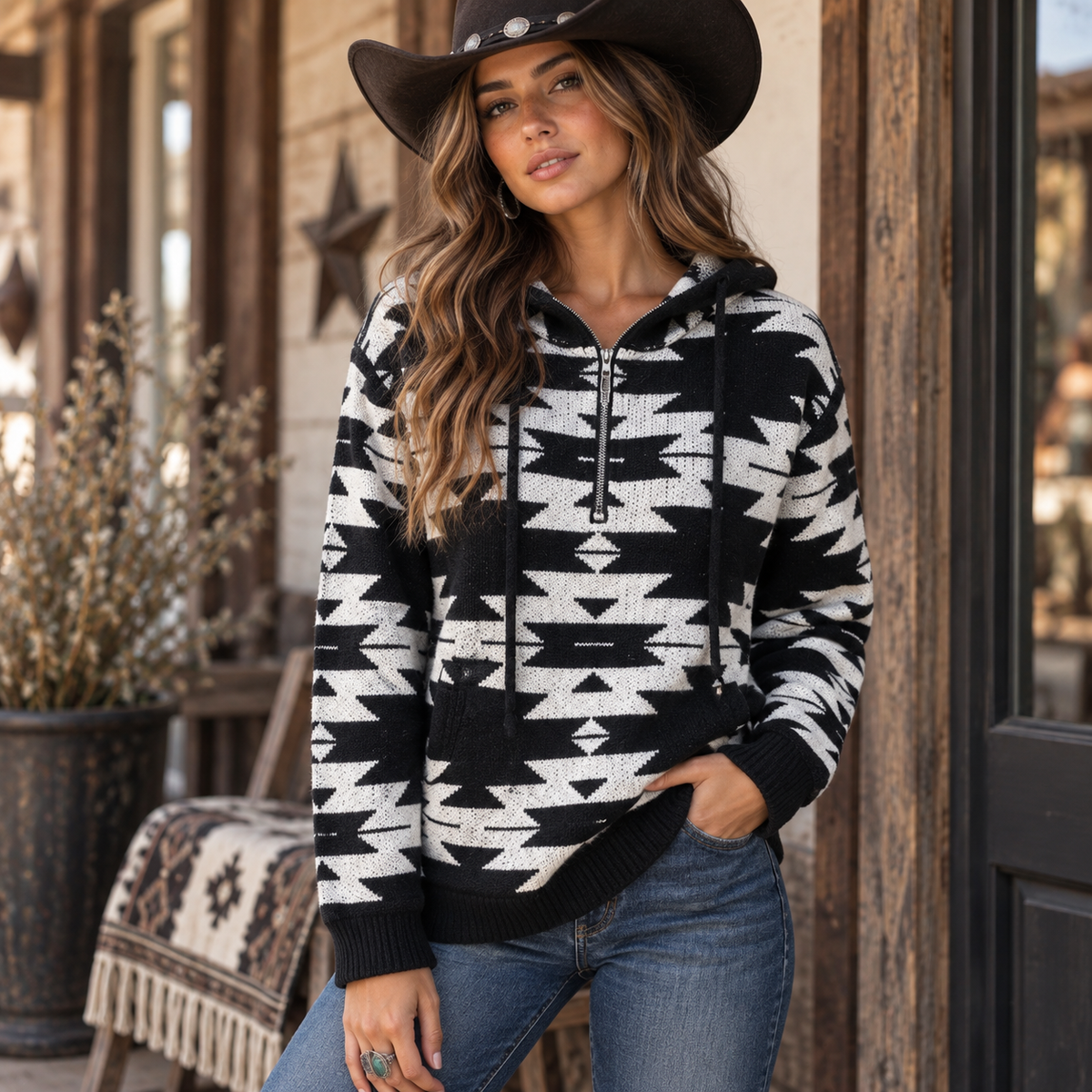 Monument Knit Black & White Aztec Half-Zip Hoodie – Madame Peacock's