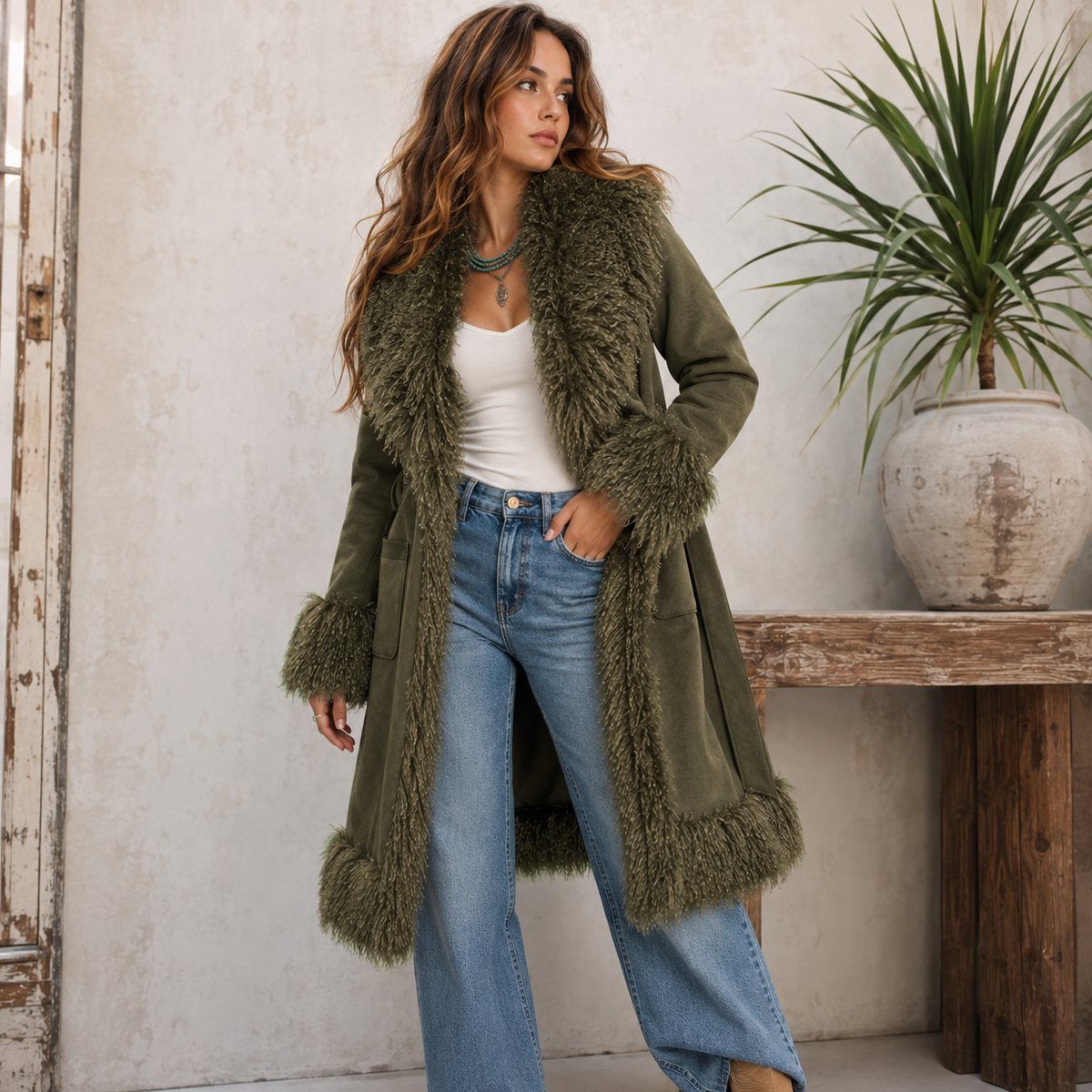 即発送エニワンモア Recon Duffel Buckle Fur Jacket Azalea Wang Gilda Faux Fur Trenchcoat in Olive – Madame Peacock's