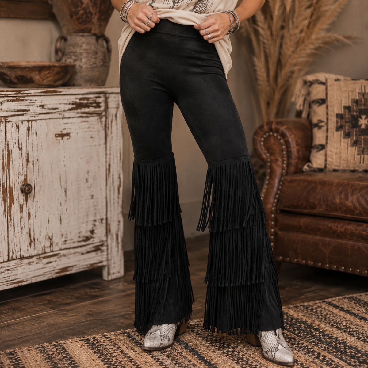 Golden Outlaw Fringe Suede Bell Bottom Pants – Madame Peacock's