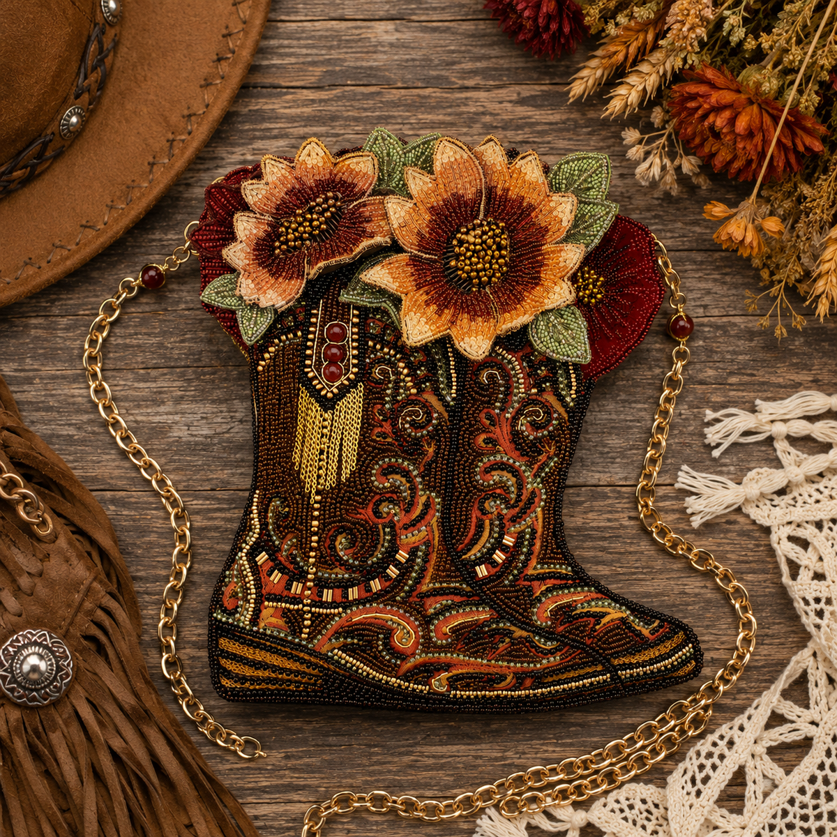 Mary Frances Floral Frontier Crossbody Beaded Cowboy Boot Bag
