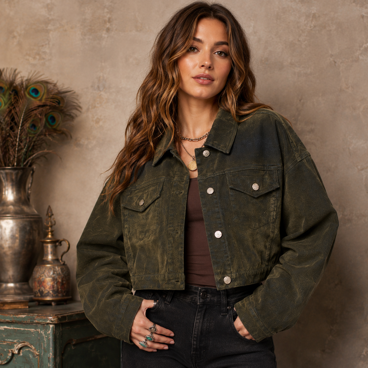 Azalea Wang Sampson Flocked Denim Jacket in Olive – Madame Peacock's