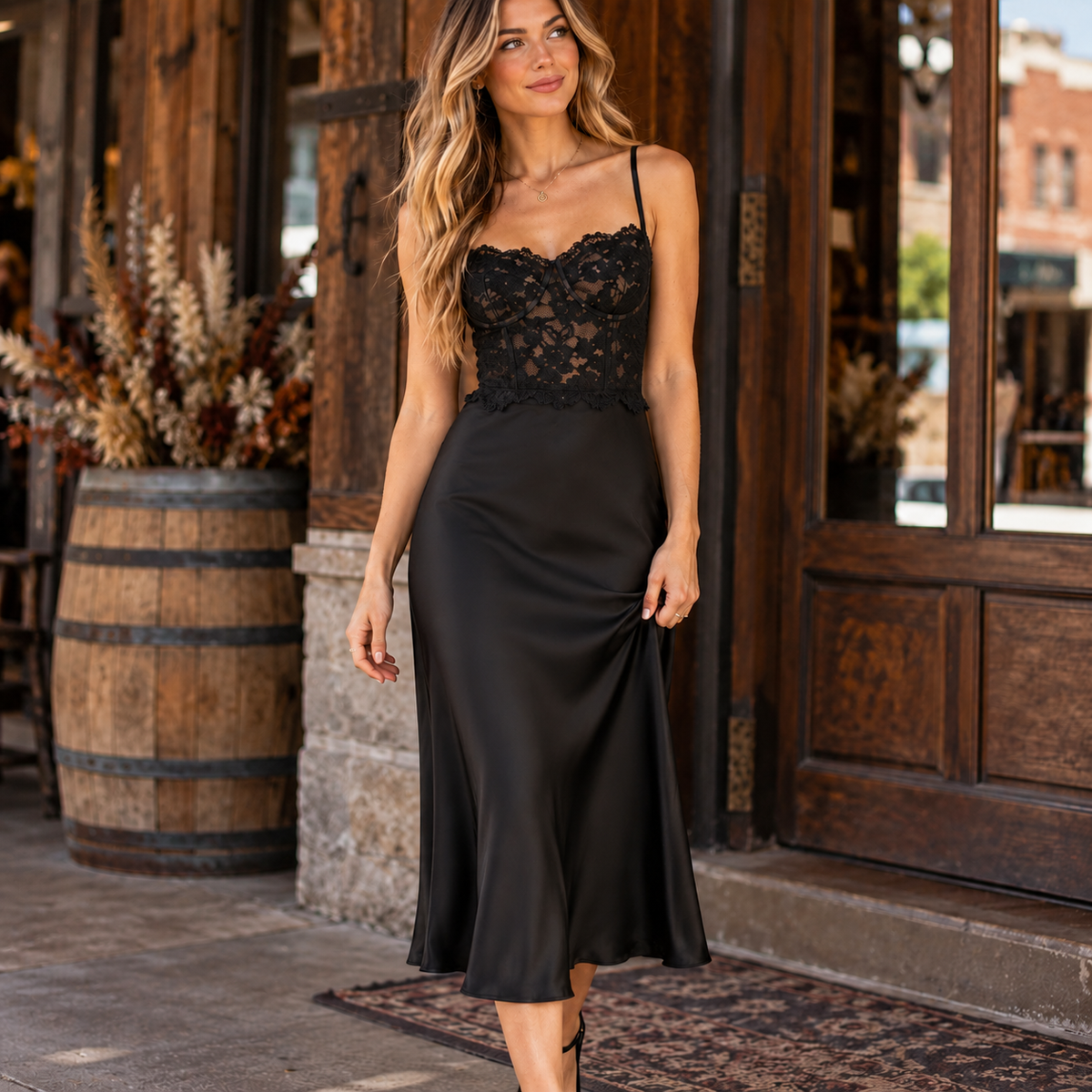 Noir Lace Corset A-Line Satin Midi Dress – Madame Peacock's