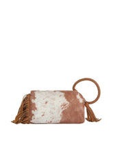 Load image into Gallery viewer, Vegan Suede Cow Print Fringe Wristlet/Clutch With Tassel