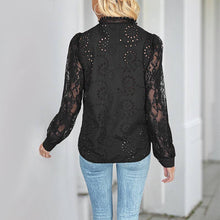 Load image into Gallery viewer, Black Lace Eyelet Button-Down Blouse – Long Sleeve Elegance