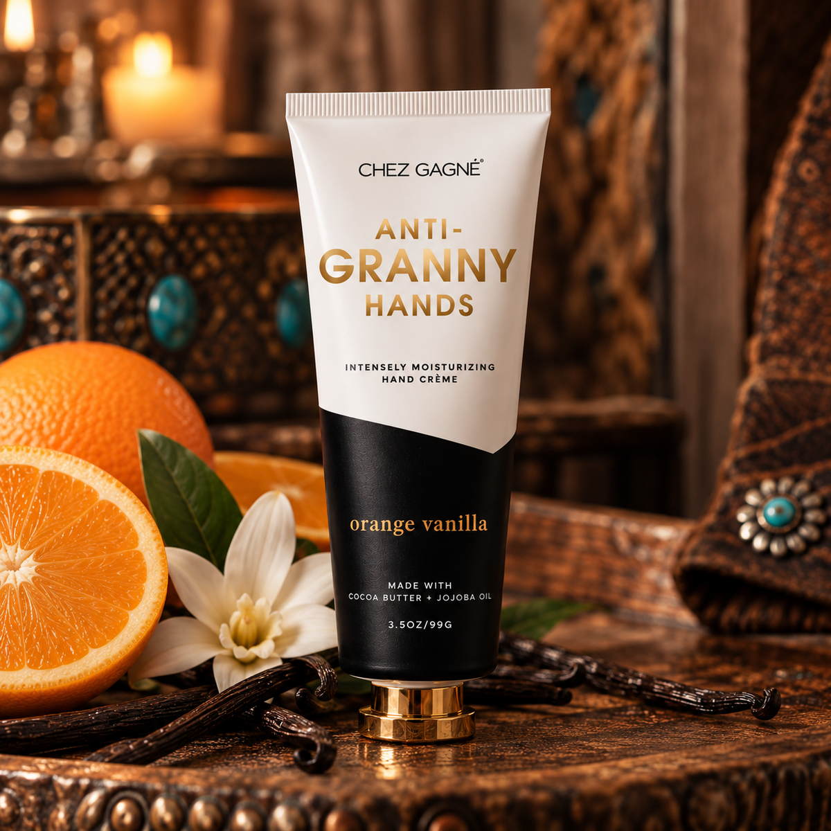 Chez Gagné Anti-Granny Hands Orange Vanilla Hand Crème in a Madame Peacock's styled setting