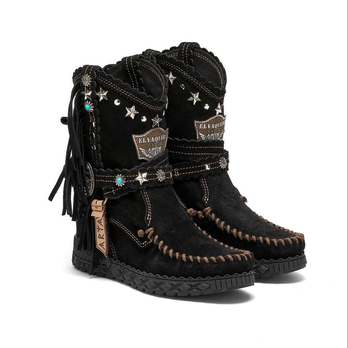 El Vaquero Arya Studded Silverstone Carbon wedge moccasin boots front three-quarter view