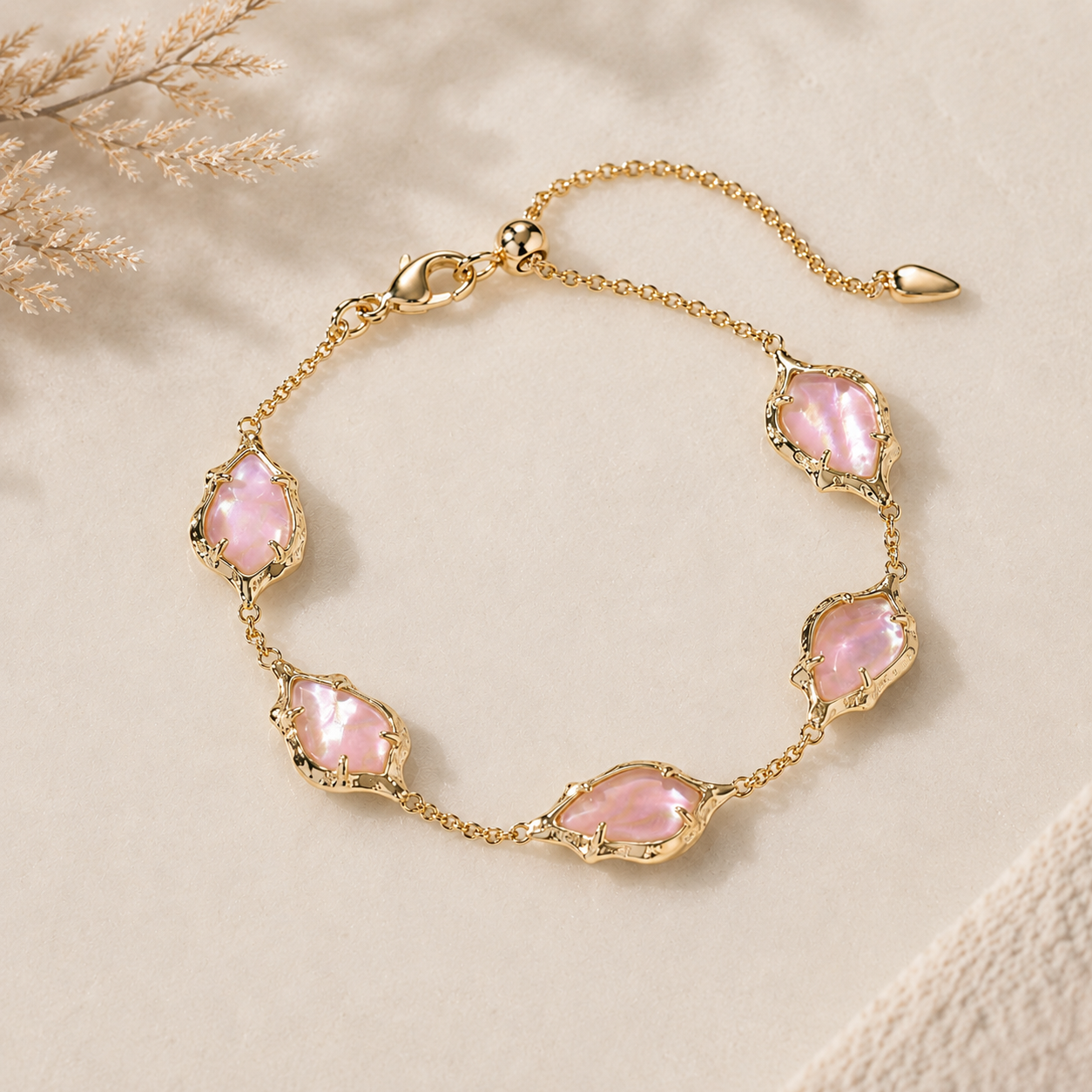 Kendra Scott Adriana Scallop Frame Delicate Chain Bracelet in Gold Light Pink Iridescent Abalone