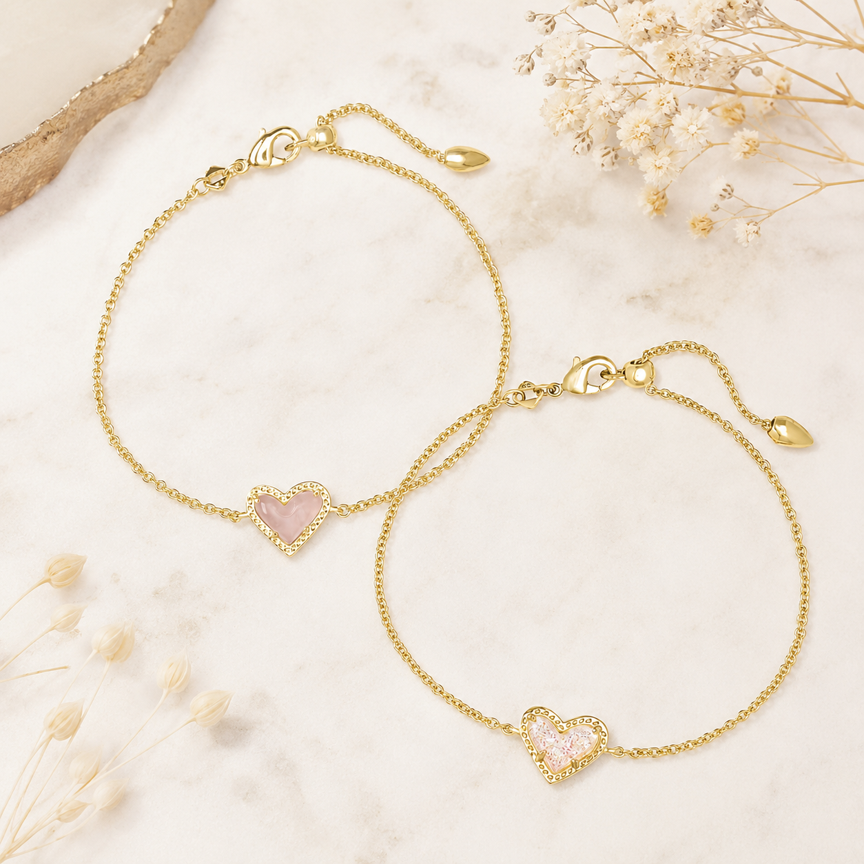 Kendra Scott Ari Heart Gold Delicate Chain Bracelet in Rose Quartz and Iridescent Drusy variants