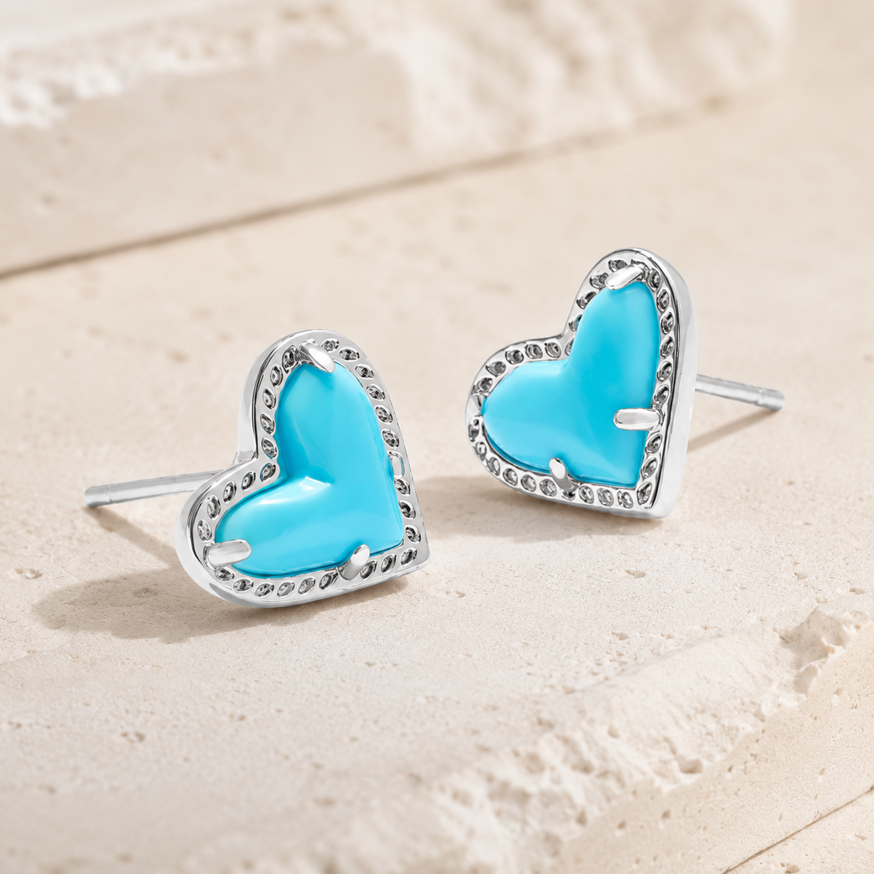 Kendra Scott Ari Heart Stud Earrings in Silver Turquoise Magnesite with rhodium over brass heart-shaped studs