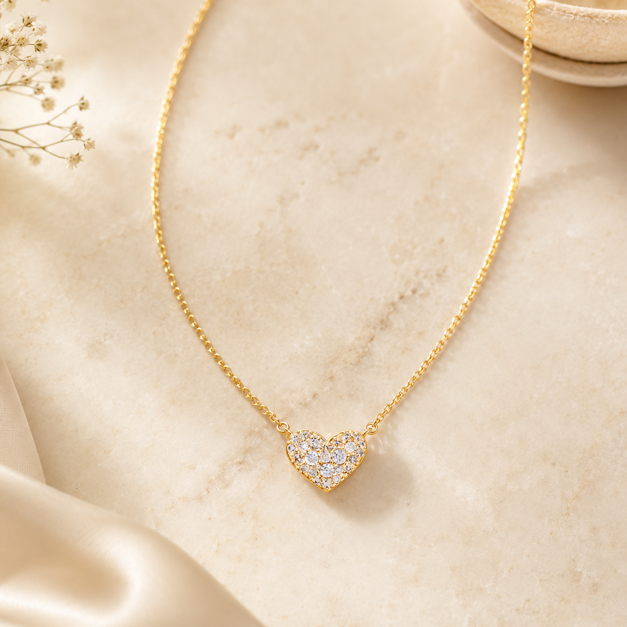 Kendra Scott Ari Pave Crystal Heart Necklace in gold with white CZ heart pendant on a neutral stone background