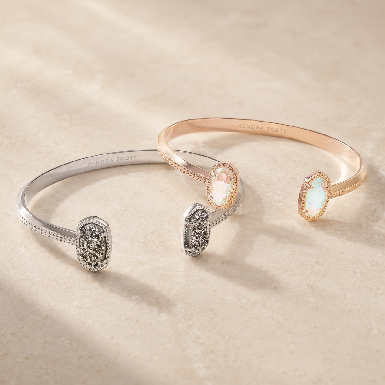 Kendra Scott Elton Cuff Bracelet variants in Rose Gold Dichroic Glass and Rhodium Platinum Drusy