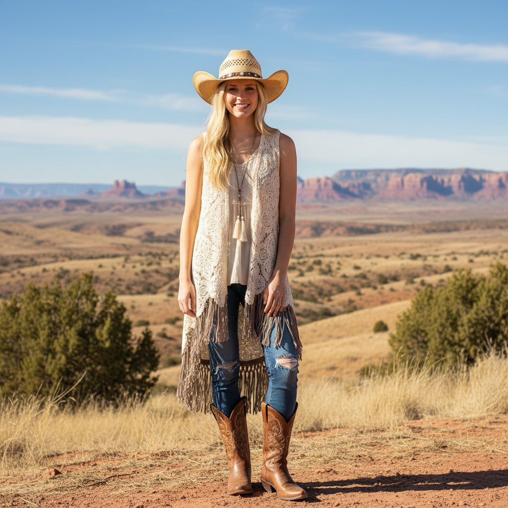 Madame Peacock's cream crochet lace vest with tie front and layered fringe hem. Boho style.