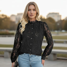 Load image into Gallery viewer, Black Lace Eyelet Button-Down Blouse – Long Sleeve Elegance