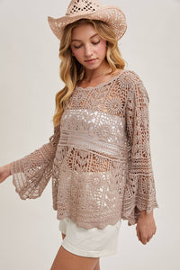 Donna Crochet Sheer Bell-Sleeve Pullover