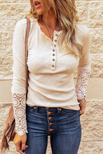 Load image into Gallery viewer, Beige Crochet Lace Hem Sleeve Button Top
