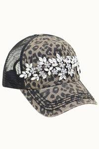 Floral Vine Bejeweled Glitz Animal Print Trucker Cap, Adj