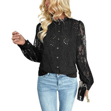 Load image into Gallery viewer, Black Lace Eyelet Button-Down Blouse – Long Sleeve Elegance
