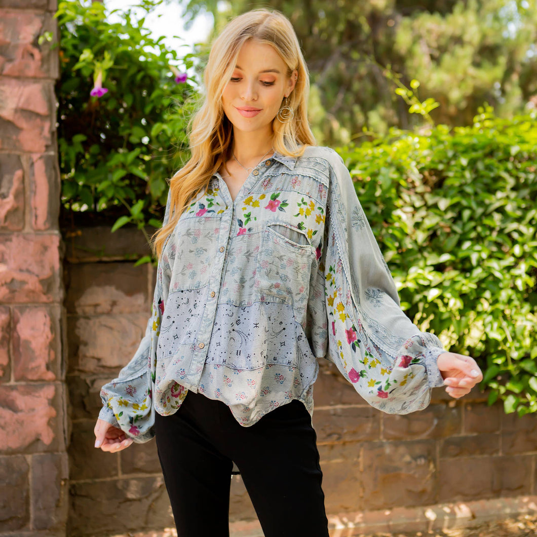 Printed Patchwork Mix Media Top