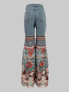 Flared Pants Floral Printed High-Waisted Pockets Jeans