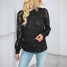 Load image into Gallery viewer, Black Lace Eyelet Button-Down Blouse – Long Sleeve Elegance
