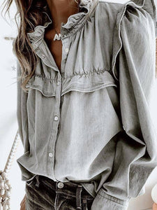 Long Sleeves Loose Buttoned Pleated Top
