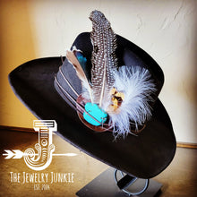 Load image into Gallery viewer, Blue Turquoise, Spotted Feather &amp; Leather Hat Band Only 980z
