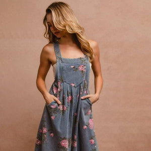 Ashton Floral Print Denim Sleeveless Jumpsuit