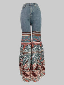 Flared Pants Floral Printed High-Waisted Pockets Jeans