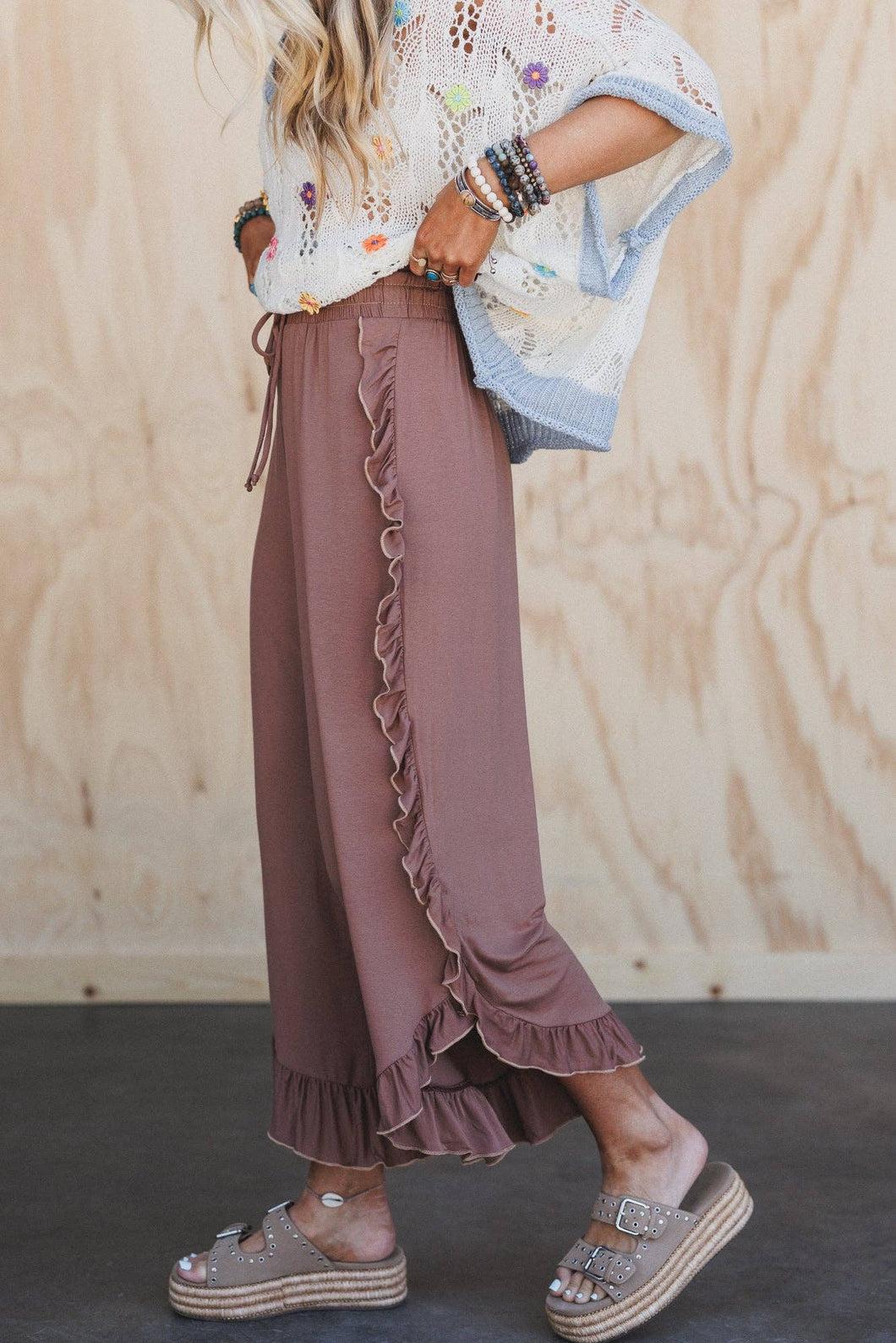 Saturdays Ruffle Wide Leg Pants - Dark Mocha