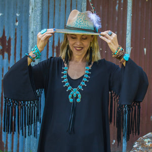 Turquoise Squash Blossom Necklace w/Long Black Tassel