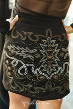 Load image into Gallery viewer, Olivia Black Stretch Suede Boot Stitch Embroidered Skirt

