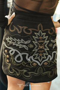 Olivia Black Stretch Suede Boot Stitch Embroidered Skirt