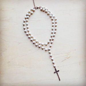 Double Strand Lariat White Turquoise Necklace w/ Cross Pendant
