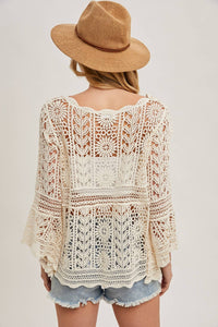 Donna Crochet Sheer Bell-Sleeve Pullover