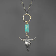 Load image into Gallery viewer, Western Antiqued Brass Bull and Ring w/Labradorite Necklace
