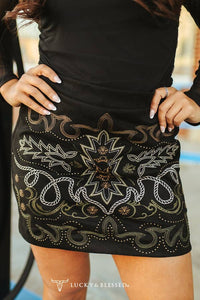 Olivia Black Stretch Suede Boot Stitch Embroidered Skirt