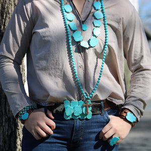 Blue Turquoise Western Slab Necklace with Leather Ties 235x