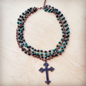 African Turquoise Beaded Collar Necklace Cross Pendant
