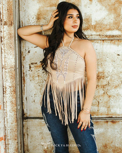 Enid Sand Suede Halter Top W Boot Stitch Embroidery-Studs Detail
