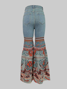 Flared Pants Floral Printed High-Waisted Pockets Jeans