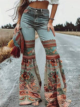 Load image into Gallery viewer, Flared Pants Floral Printed High-Waisted Pockets Jeans
