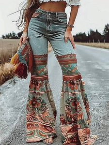 Flared Pants Floral Printed High-Waisted Pockets Jeans