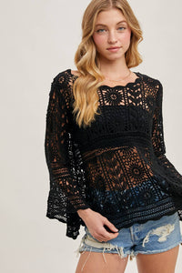 Donna Crochet Sheer Bell-Sleeve Pullover