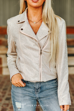Load image into Gallery viewer, Beige Rhinestone Long Sleeve Zip Up Moto Jacket
