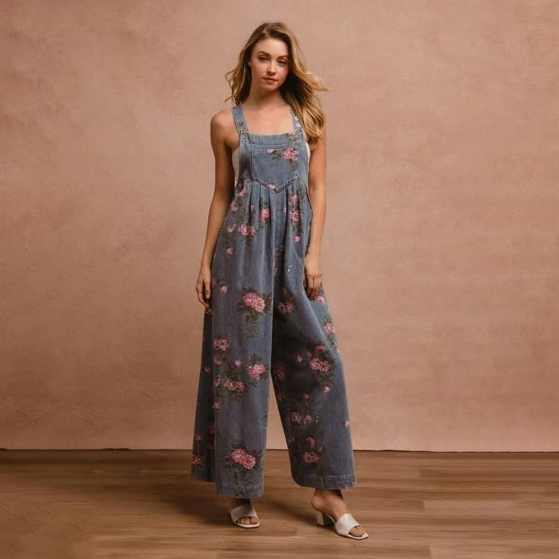 Ashton Floral Print Denim Sleeveless Jumpsuit